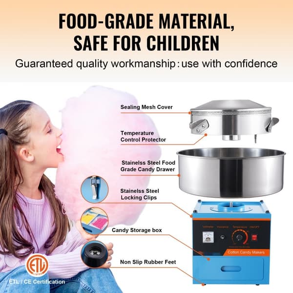 Elektrisk Candy Floss Maskine, 1000 W Candy Maker, Kommerciel Popcornmaskine med Rustfrit Stål, Sukkerske og Skuffe, Perfekt til Eventer