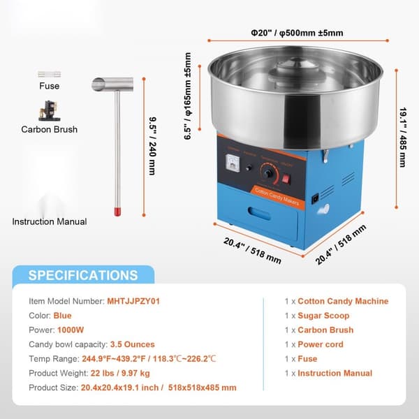 Elektrisk Candy Floss Maskine, 1000 W Candy Maker, Kommerciel Popcornmaskine med Rustfrit Stål, Sukkerske og Skuffe, Perfekt til Eventer
