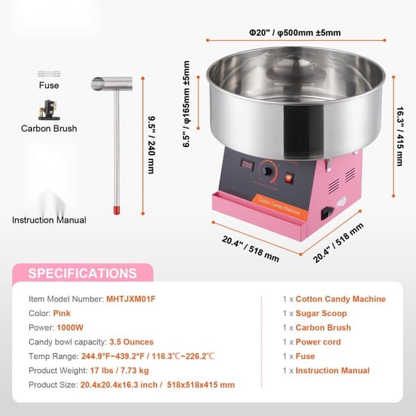 Elektrisk Candy Floss Maskine, 1000 W, Kommerciel Candy Maker med Rustfri Stålskål og Sukkerske, Ideel til Fest og Events