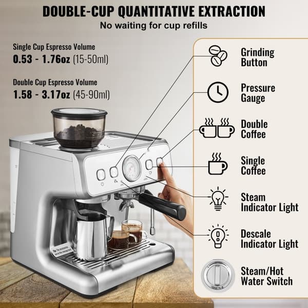 Espressomaskin med kvarn 15 bar, halvautomatisk espressobryggare, lättanvänd, optimal kaffekvalitet