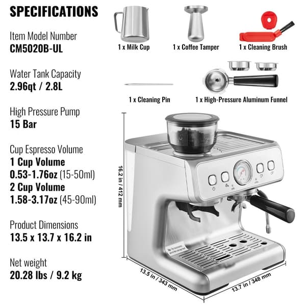 Espressomaskin med kvarn 15 bar, halvautomatisk espressobryggare, lättanvänd, optimal kaffekvalitet