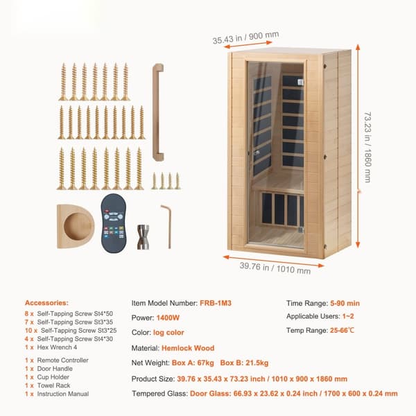 Far Infrared Trä Bastu 1400W, Hem Spa för 1-2 Personer, Energibesparande och Kompakt Design