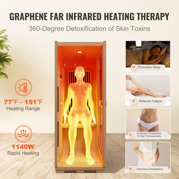 Far Infrared Trä Bastu för Hemmet, 1 Person, 1140W, Spa med Snabb Uppvärmning och Effektiv Värme