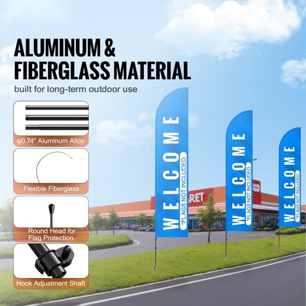 Fjerflagstang Kit 3-pak, Swooper flagstang 16,3 fod med jordpæle, holdbar konstruktion, let at installere