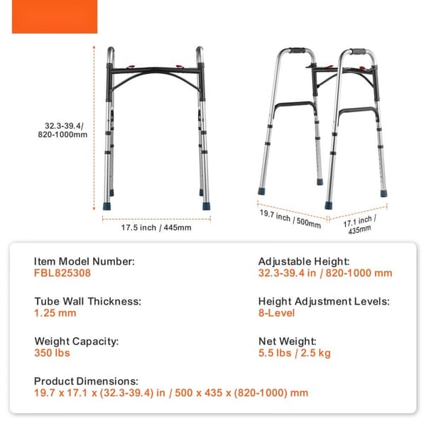 Fällbar Gånghjälp i Aluminium, Justerbar Höjd, Maxvikt 350 LBS