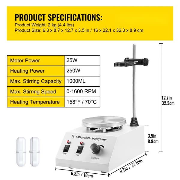 Laboratorium Magnetrörare Värmeplatta 1L, Hastighetsreglering, Magnetrörare 25W