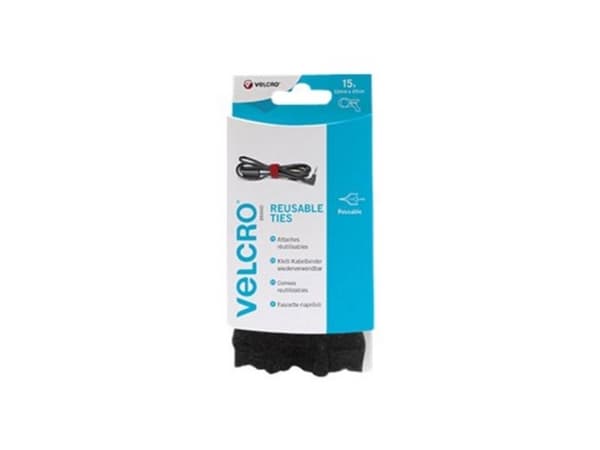 Velcro VEL-EC60466, Borrelås-kabelbånd, Velcro mappe, Sort, 200 mm, 12 mm, 15 stykker