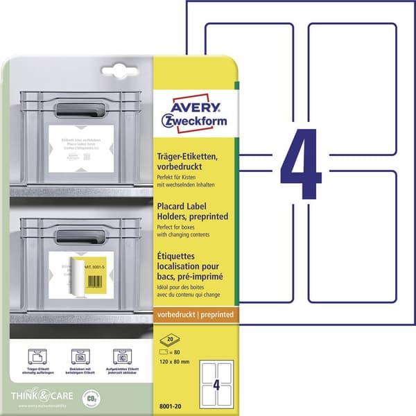 Avery-Zweckform 8001-20 Hållar-etiketter 120 x 80 mm Polypropen Vit, Ljusgrå 80 st Permanent