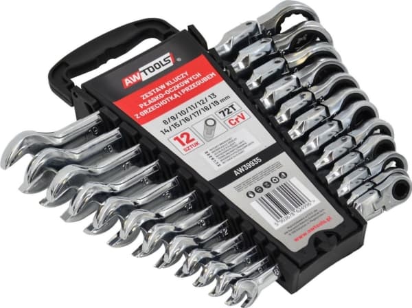 AWTOOLS SKRALLEKOMBINASJONSNØKLER, LEDDET, SETT 12 stk. 8-19 mm