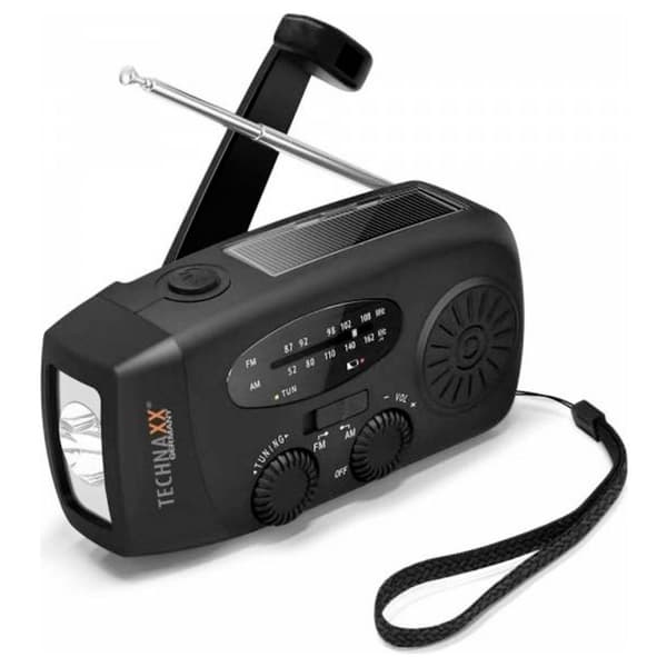Nödradio Technaxx TX-238 AM, FM Handvev, Solcellspanel, Ficklampa, uppladdningsbart Svart