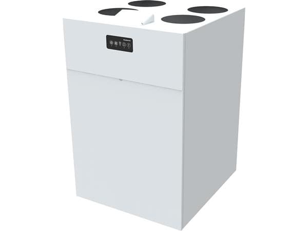 Ventilationsanlæg Dantherm HCV700 (energi A), vægmodel med indbygget panel i front. Luftmængde 360 m³/h ved 90 Pa og SEL 1000 J/m³.