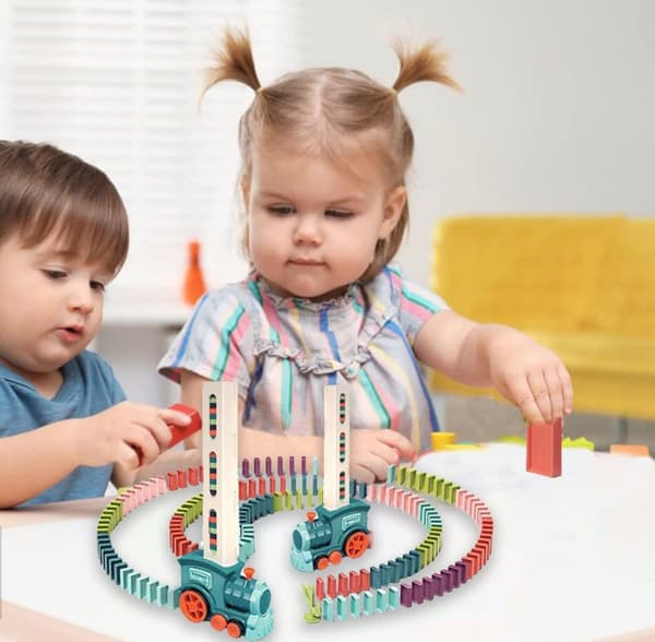 Interactive Train, Domino Train for Children - Blå, 80 blokke