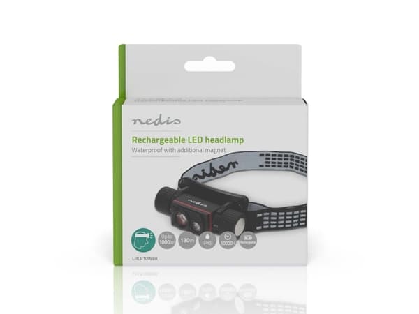 Nedis LHLR10WBK, Hodebåndslommelykt, Sort, Aluminium, Knapper, 32 m, IPX8