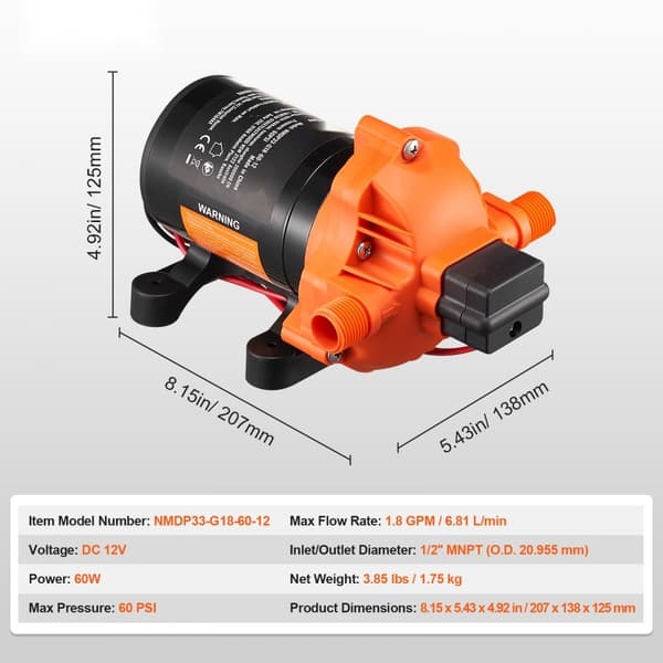 12V Membranpumpe 1,8GPM, 6,81 L/min 3-kammer Vandpumpe med Trykkontakt, Høj Effektivitet og Holdbarhed.