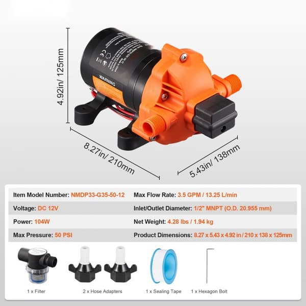 12V Membranpump 3,5GPM, 3-kammar Vattenpump med Tryckbrytare, Hög Prestanda för Vattensystem, Lätt Installation, Hållbarhet