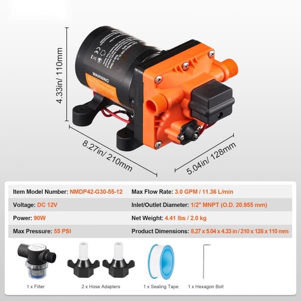12V membranpump 3GPM, 11,36 L/min, hög effekt, 4-kammarpump med tryckbrytare, hållbar, perfekt för olika vattenapplikationer
