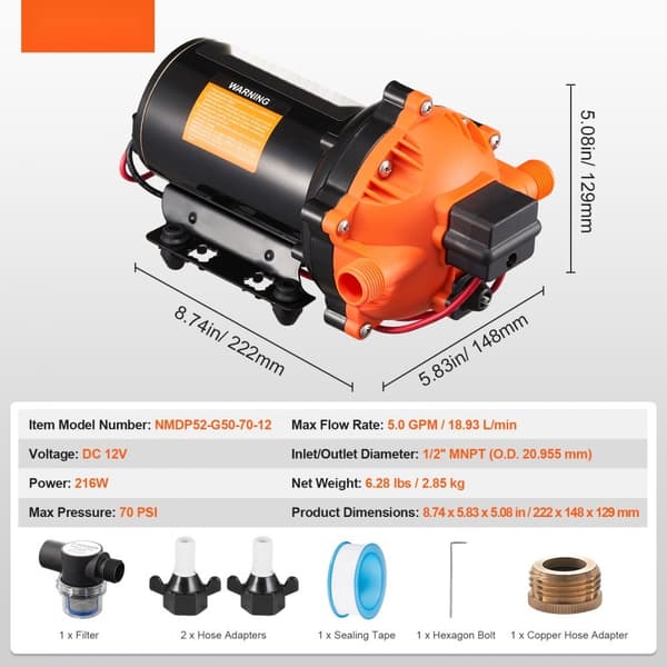 12V Membranpumpe 5GPM, 18,93 L/min, 5-kammer Vandpumpe med Trykkontakt, Effektiv og Pålidelig.
