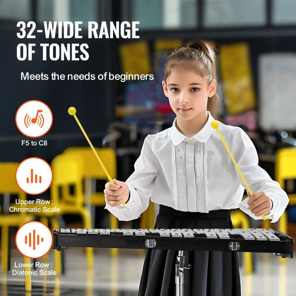 32 Nuotin Glockenspiel Xylophone Bell Kit vasaroilla, rumputikuilla ja jalustalla