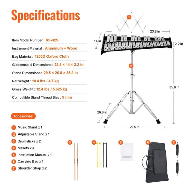 32 Nuotin Glockenspiel Xylophone Bell Kit vasaroilla, rumputikuilla ja jalustalla