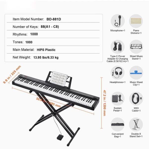 88-näppäiminen digitaalinen piano, puolipainotettu, sähköinen ja kannettava