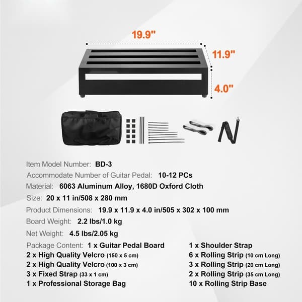 Guitar Pedal Board, 20'' x 11'', Aluminiumslegering, 2,2 lbs Superlet, Bæretaske, Velcro Fast Rem, Plads til 10-12 Pedaler