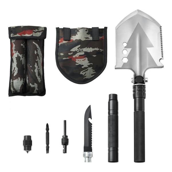 Overlevelses-spade 8-i-1, folde multitool, bærbar og kompakt campingredskab, let at opbevare, ideel til udendørs eventyr.