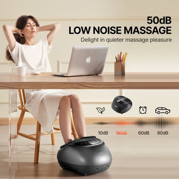 Shiatsu fodmassageapparat, opvarmet, dybdegående æltning, smertelindring, ergonomisk design, ideelt til hjemmebrug.