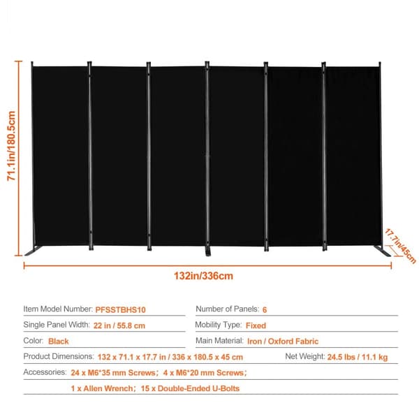 Room Divider 6 Panels, Stof, Rumafskærmning, Privatlivsskærm til Kontor og Soveværelse, Sort - Hurtig Opsætning, Pladsbesparende.