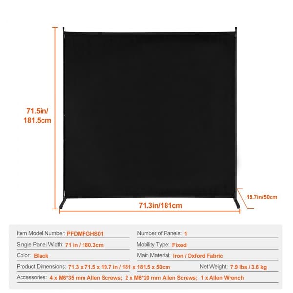 6FT Rumdeler, Enkeltpanel Stof Rumskærm, Sort Skillevæg til Kontor og Soveværelse, Nem Montering, Pladsbesparende Design.