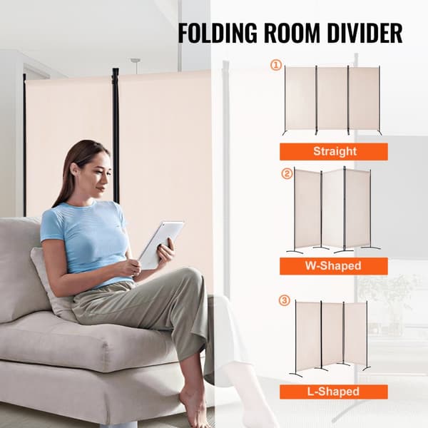 Rumdeler 3-paneler, stof skærm til privatliv til kontor og soveværelse, beige, modern design, fleksibel og pladsbesparende.