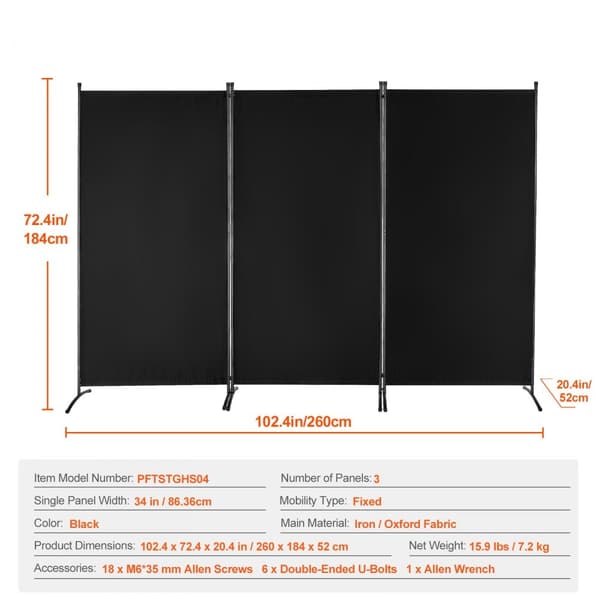 Rummdivider 3 Paneler, Stof, Privatlivsskærm til Kontor & Soveværelse, Sort, Let at Flytte, Elegant Design.