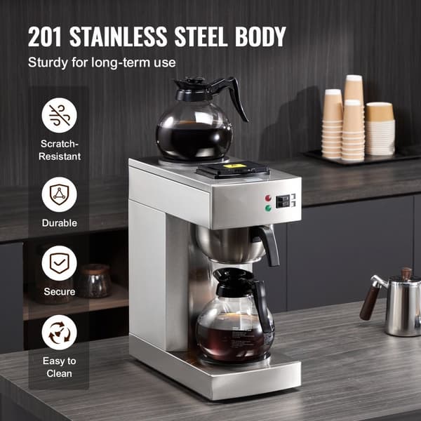 Kommerciel dryp kaffemaskine til 12 kopper, inkl. 2 glaskarafler og 2 varmere, hurtig opvarmning, ideel til kontoret.