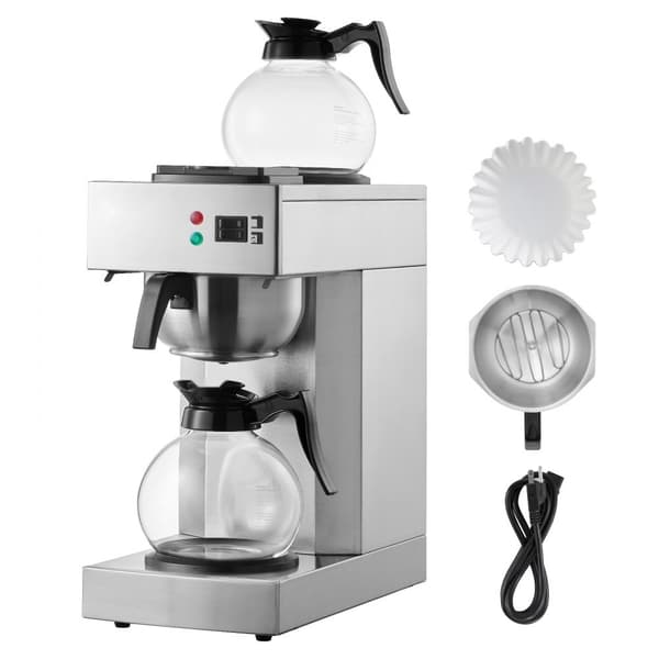 Kommerciel dryp kaffemaskine til 12 kopper, inkl. 2 glaskarafler og 2 varmere, hurtig opvarmning, ideel til kontoret.
