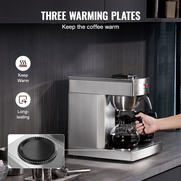 Kommerciel dryp kaffemaskine 12 kopper, inkl. 3 glaskarafler og 3 varmere, hurtig brygning, ideel til kontor og café.