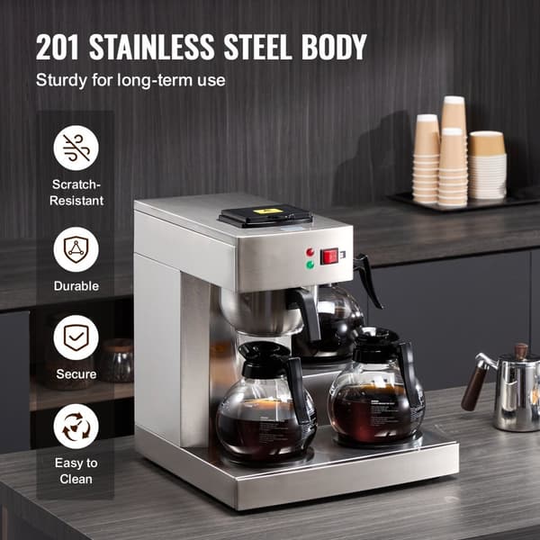 Kommerciel dryp kaffemaskine 12 kopper, inkl. 3 glaskarafler og 3 varmere, hurtig brygning, ideel til kontor og café.