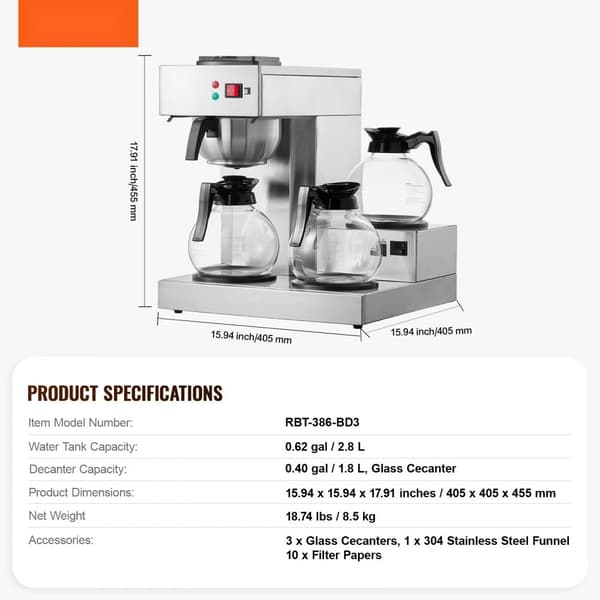 Kommerciel dryp kaffemaskine 12 kopper, inkl. 3 glaskarafler og 3 varmere, hurtig brygning, ideel til kontor og café.