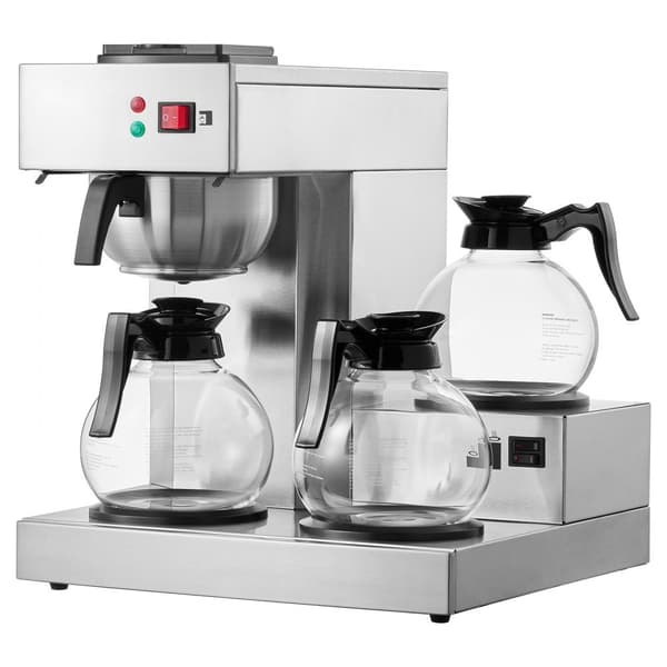 Kommerciel dryp kaffemaskine 12 kopper, inkl. 3 glaskarafler og 3 varmere, hurtig brygning, ideel til kontor og café.