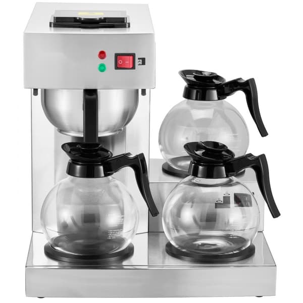 Kommerciel dryp kaffemaskine 12 kopper, inkl. 3 glaskarafler og 3 varmere, hurtig brygning, ideel til kontor og café.