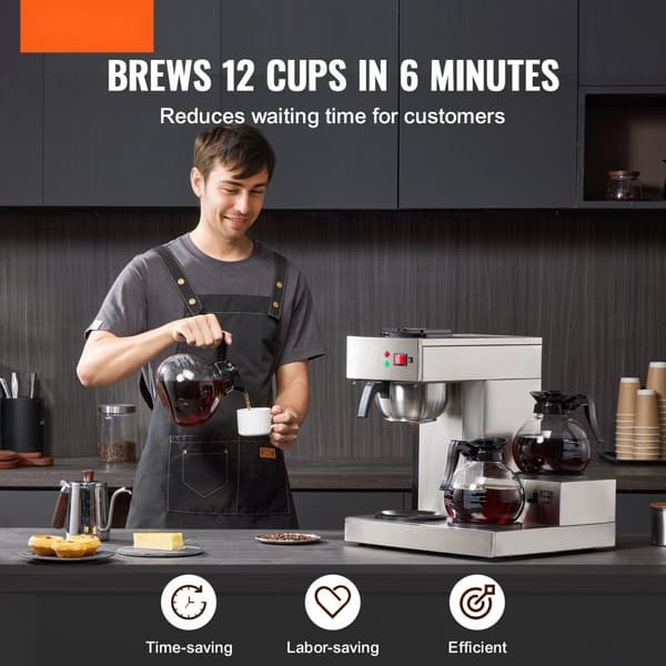 Kommerciel dryp kaffemaskine 12 kopper, inkl. 3 glaskarafler og 3 varmere, hurtig brygning, ideel til kontor og café.