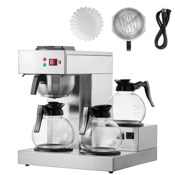 Kommerciel dryp kaffemaskine 12 kopper, inkl. 3 glaskarafler og 3 varmere, hurtig brygning, ideel til kontor og café.