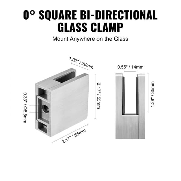 Glasklemme 4 stk, firkantet rækværksbeslag til 0,31-0,47 glas, sølvfarvet, holdbart og stilrent design.