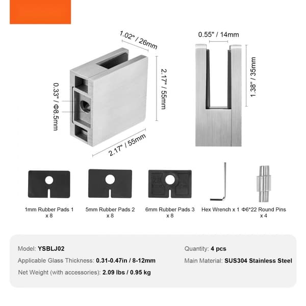 Glasklemme 4 stk, firkantet rækværksbeslag til 0,31-0,47 glas, sølvfarvet, holdbart og stilrent design.