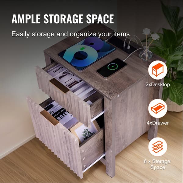 Fyrkantigt nattduksbord med USB & uttag, 2-pack, grått, modernt design, funktionellt för sovrum, multifunktionell möbel
