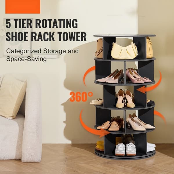 5-lags roterende skostativstativ 360°, spinning sko display, karrusel, sort, pladsbesparende, ideel til butikker og hjem.