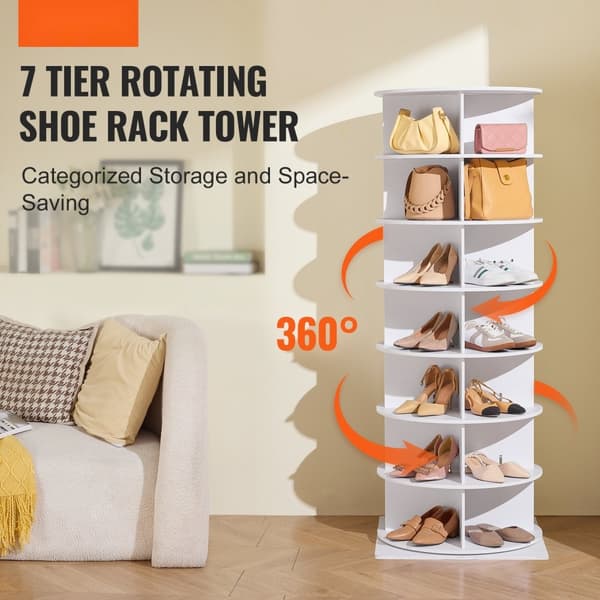 Roterende skostativtårn 360°, 7-lags sko-display med base, sort, pladsbesparende, ideelt til butik eller hjem.