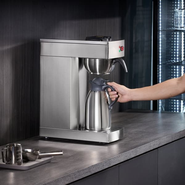 Kommerciel dryp kaffemaskine 12 kopper med termisk karaffel, ideel til restaurant og kontor, hurtig brygning og holdbarhed.