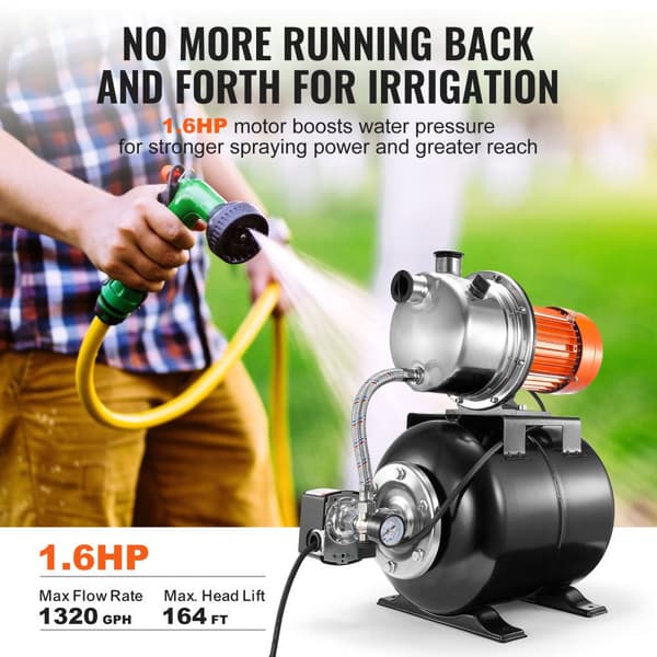 1.6HK Pumpe med lavt brønd, 1320GPH kunstvandingsboosterpumpe, tryktank, høj effektivitet, ideel til havevandingssystemer.