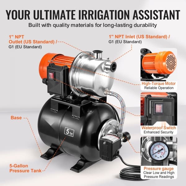 1HP Grunt Brunnspump, 1000GPH Trycktank, Effektiv Bevattningspump, Låg Energiförbrukning, Vattendistribution, Snabb Installation