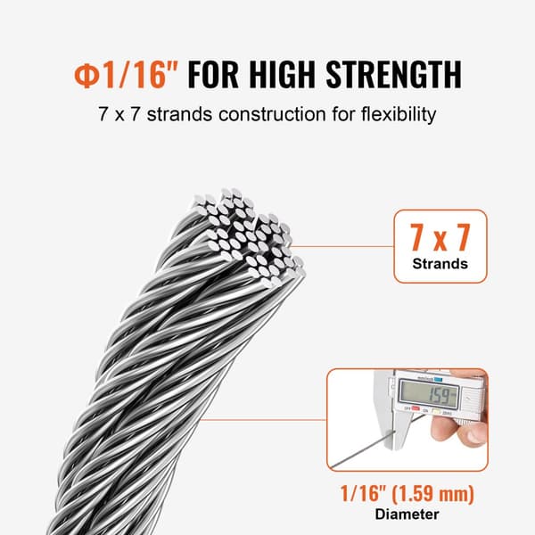 T304 rostfritt stål kabel 1/16, 7x7 stålvajer, 20 meter kabelräcke för byggprojekt och hemmafixare, säkerhet och hållbarhet