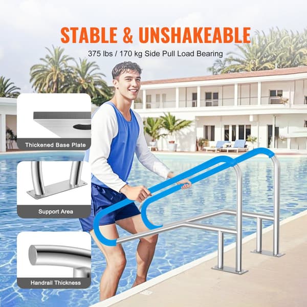 Pool gelænder 55 x 32 tommer, rustfrit stål med bundplade, perfekt til spabade, sikkerhed og slidstyrke.